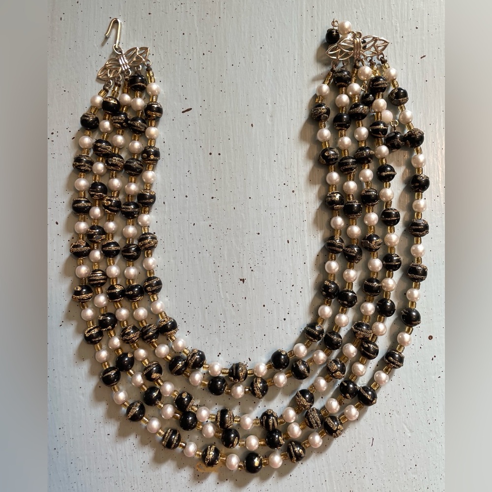 Vintage Five/Strand Necklace Made in Japan With Black, White and Gold, Intricate